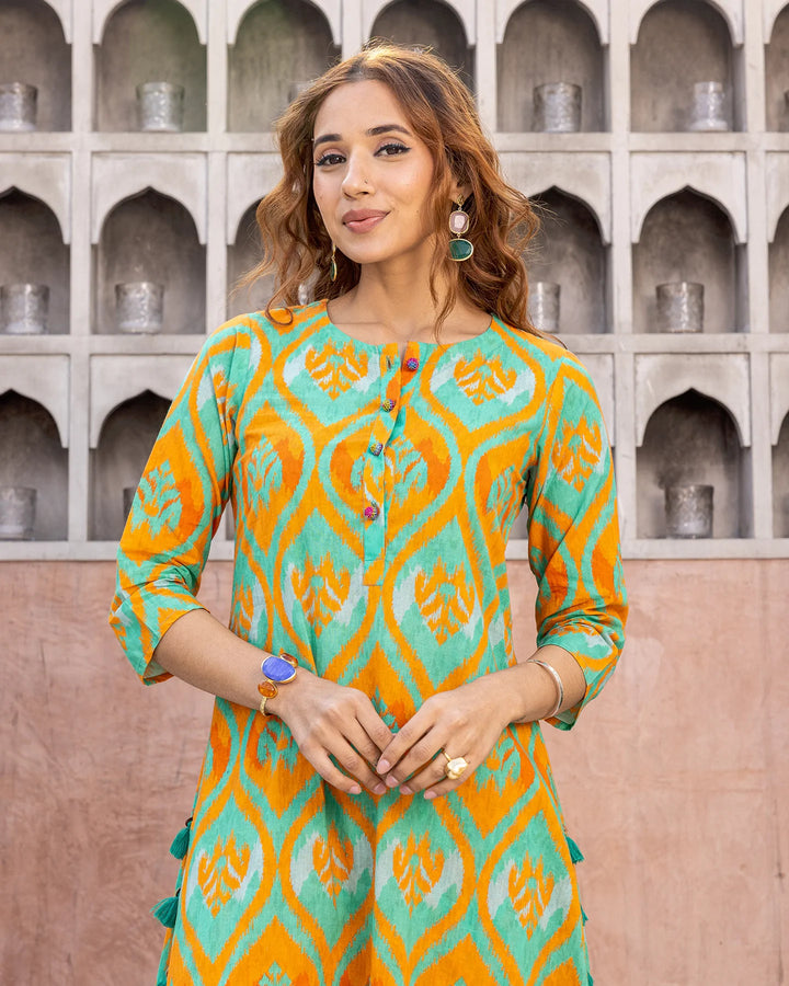 Orange-Cotton-Ikat-2-Piece-Kurta-Set