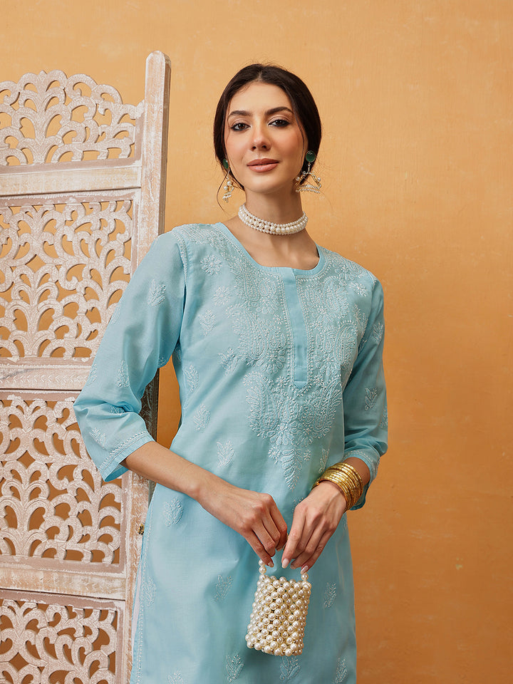 Blue Hand Embroidered Chikankari Kurta