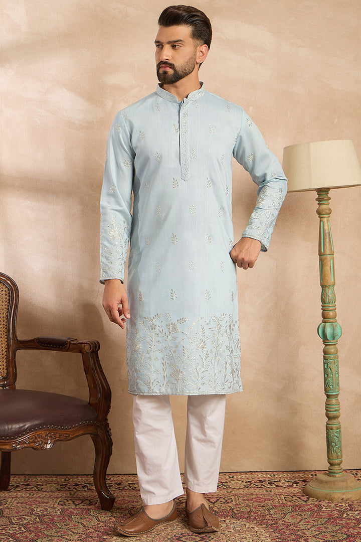 Mens Blue Silk Blend Solid Embroidered Straight Kurta