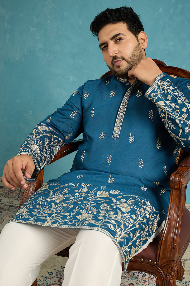 Mens Blue Silk Blend Solid Thread Work Embroidered Kurta