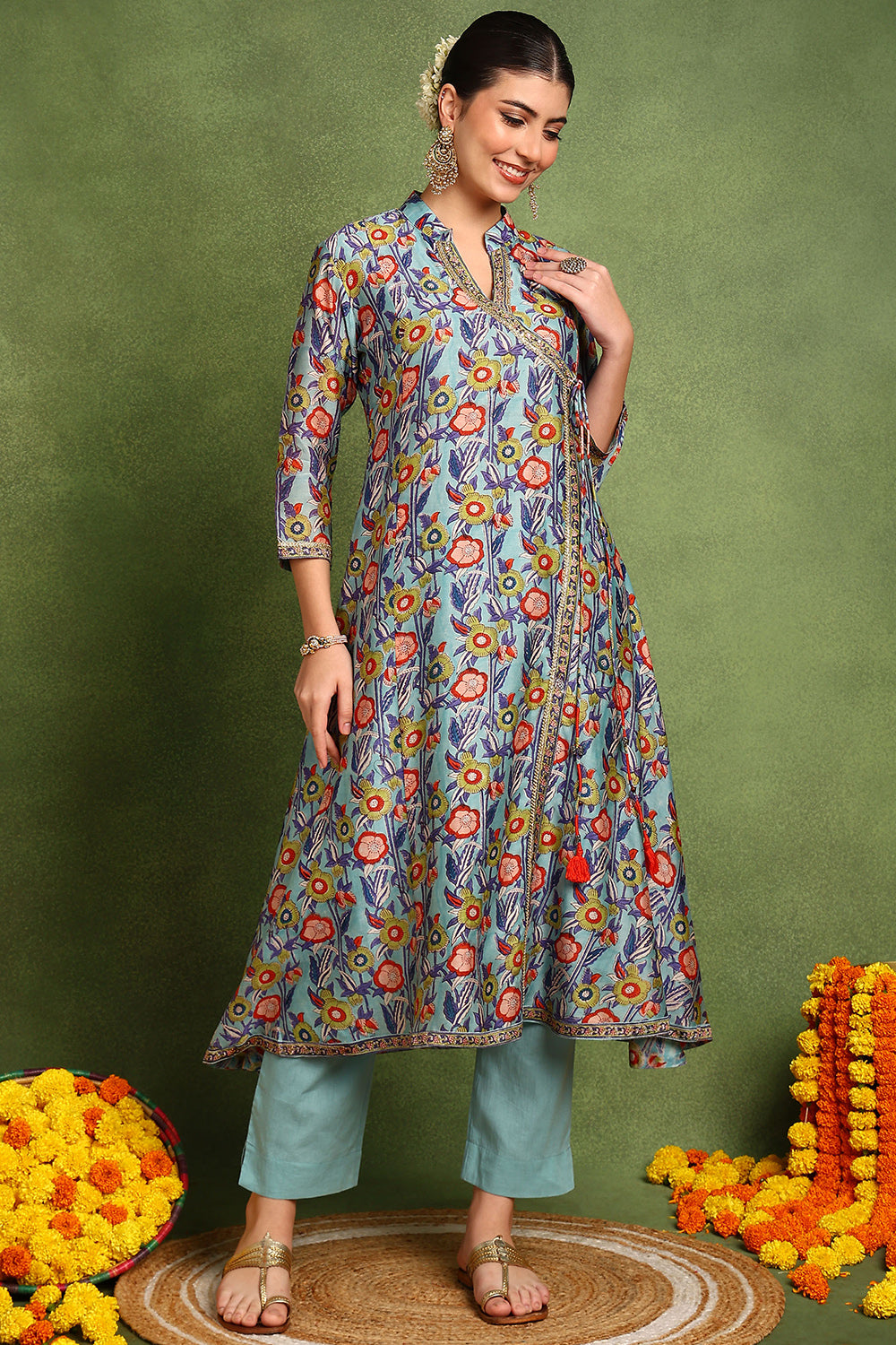 Blue-Chanderi-Silk-Hand-Block-Printed-Angrakha-Kurta