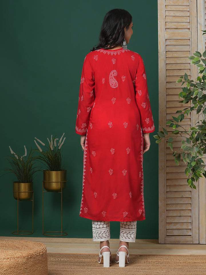 Hand Embroidered Lucknowi Chikankari Red &amp; White Cotton Kurta