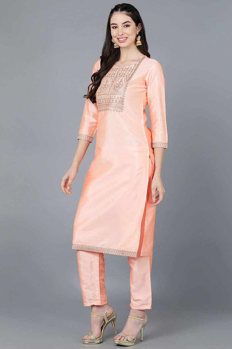 Peach-Poly-Silk-A-Line-3-Piece-Kurta-Set