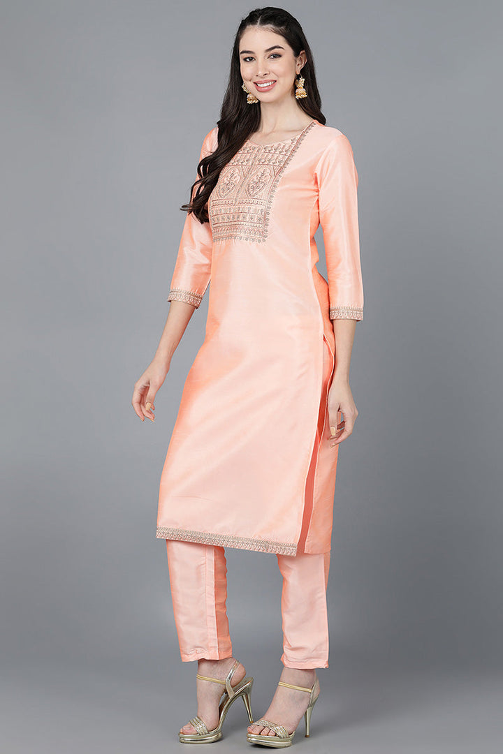 Peach-Poly-Silk-A-Line-3-Piece-Kurta-Set