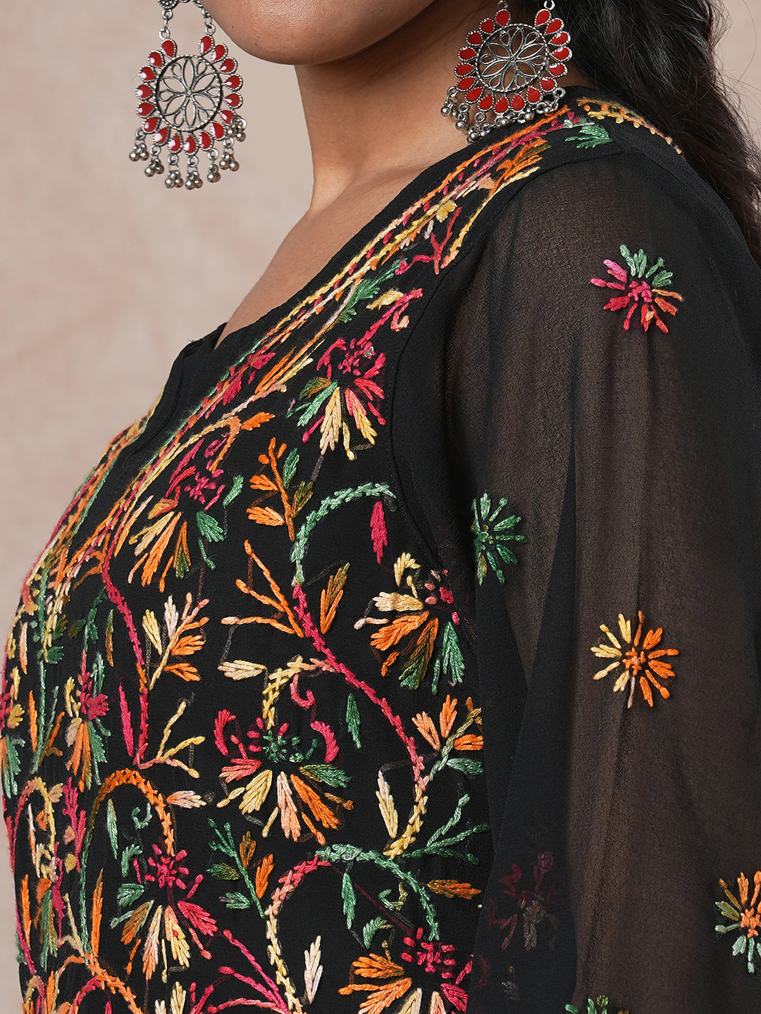 Black Embroidered Chikankari Kurta With Slip