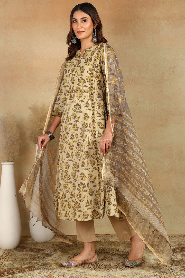 Beige-&-Brown-Cotton-'A'-Line-Bagru-Kurta