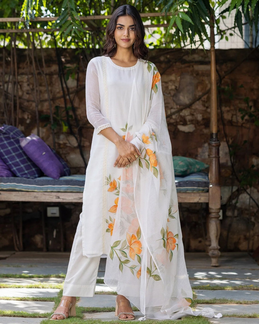 White-Kota-Doria-Hand-Painted-3-Piece-Kurta-Set
