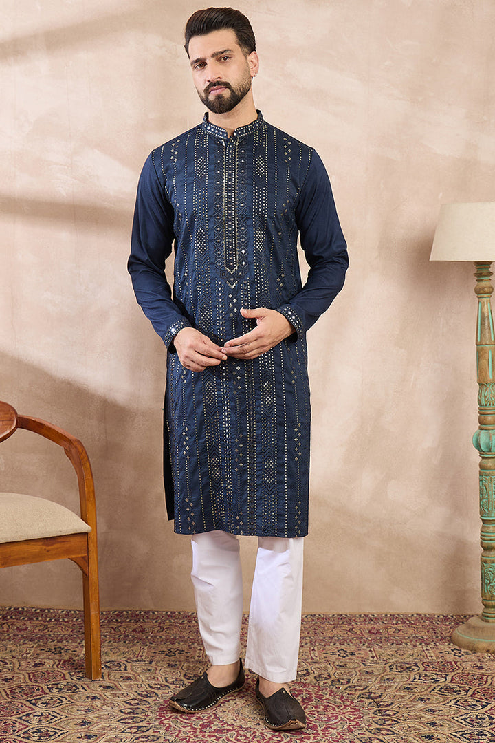 Mens Blue Silk Blend Geometric Embroidered Straight Kurta