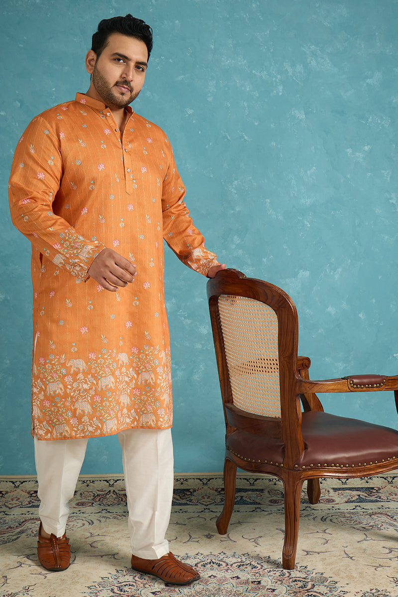 Mens Orange Silk Blend Floral Sequins Printed Kurta