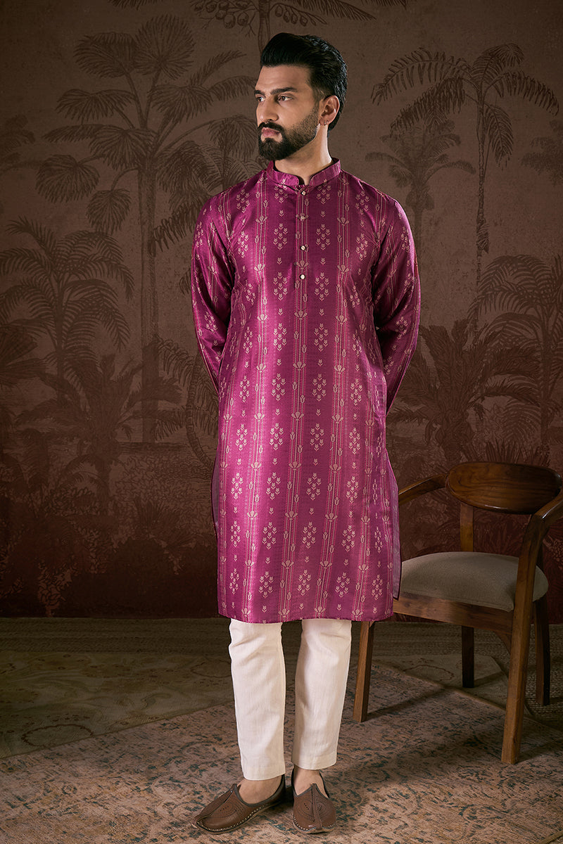 Mens Purple Silk Blend Floral Printed Straight Kurta