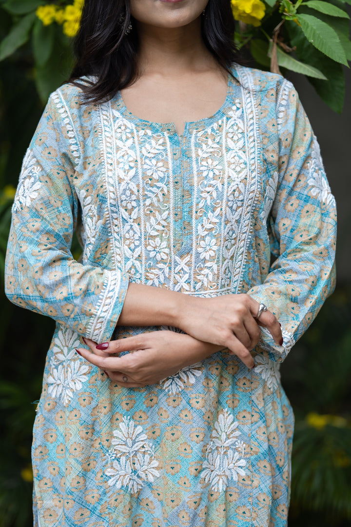 Sea Green & White Mulmul Cotton Embroidery Chikankari Kurta