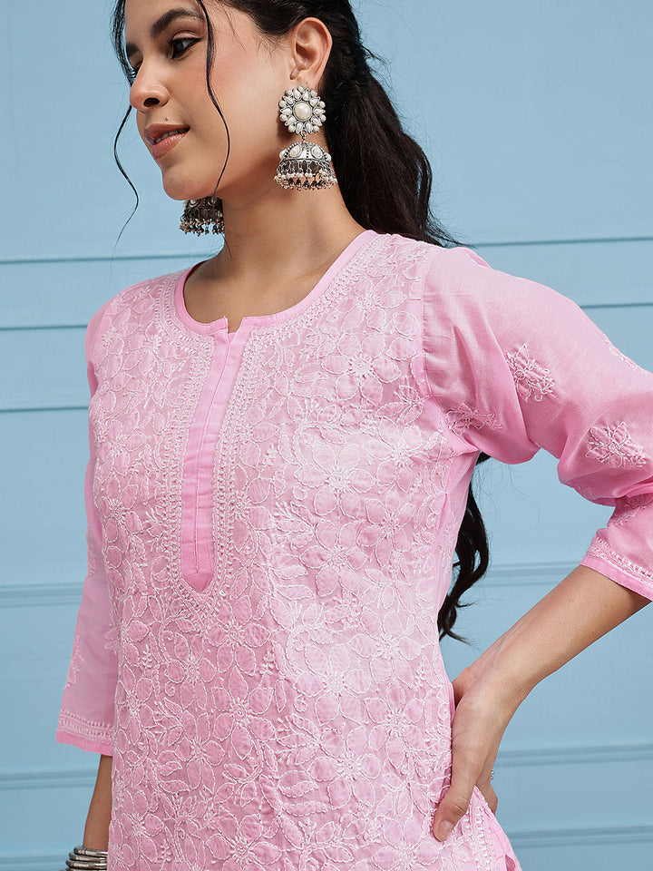 Hand Embroidered Pink Lucknow Chikan Kurta
