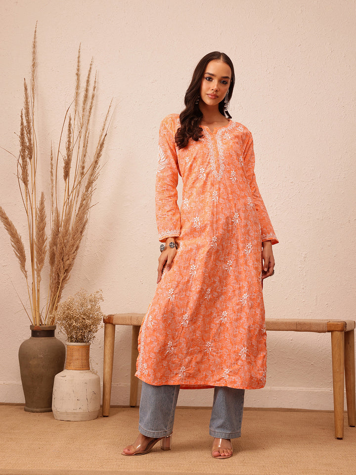 Peach Cotton Lucknow Chikankari Kurta