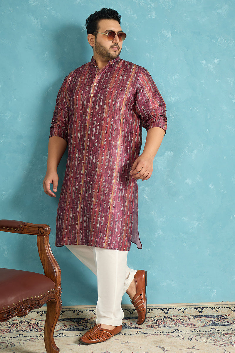 Mens Purple Silk Blend Striped Printed Kurta