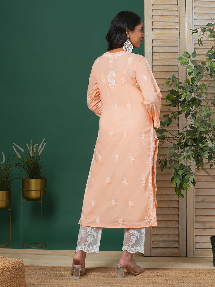 Hand Embroidered Lucknowi Chikankari Peach & White Cotton Kurta