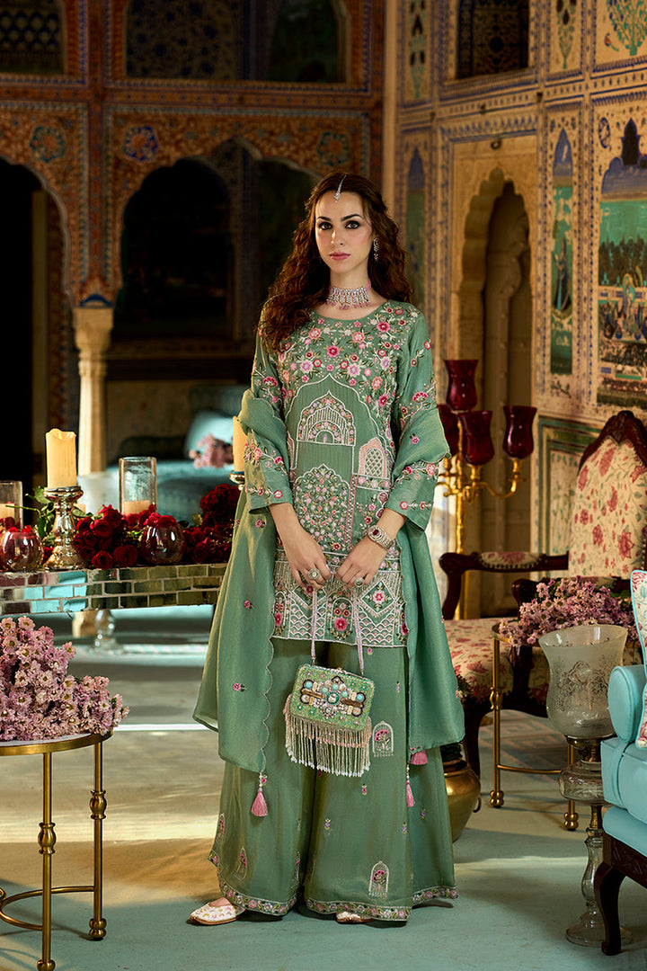 Green Solid Embroidered Straight Kurta Palaazo with Dupatta