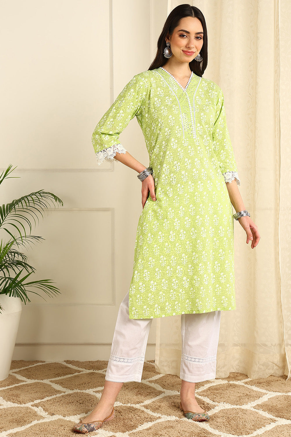 Parrot-Green-Cotton-Printed-Straight-Kurta