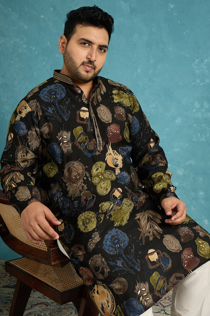Mens Black Silk Blend Abstract Printed Kurta