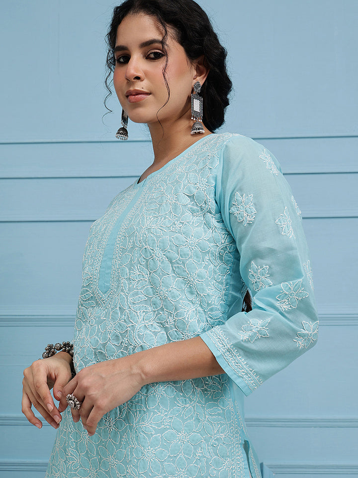Hand Embroidered Blue Chikankari Kurta