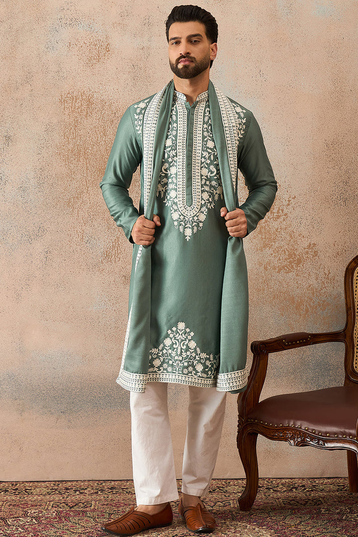 Mens Green Silk Blend Solid Embroidered Kurta With Dupatta