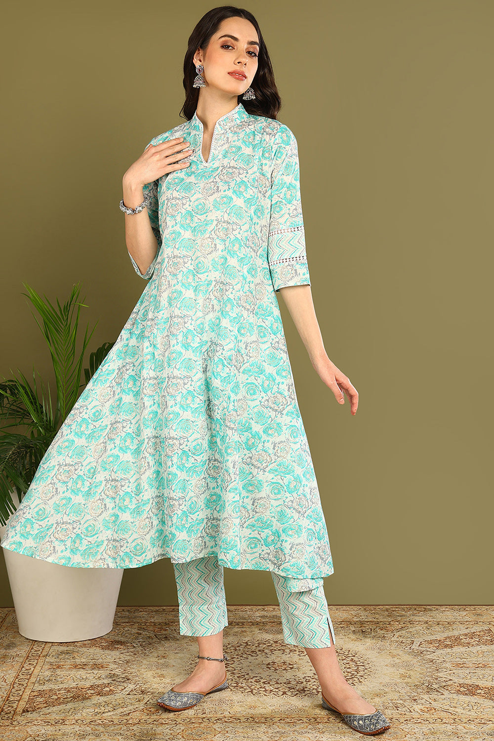 Green-Cotton-Printed-A-Line-Sanganeri-Kurta