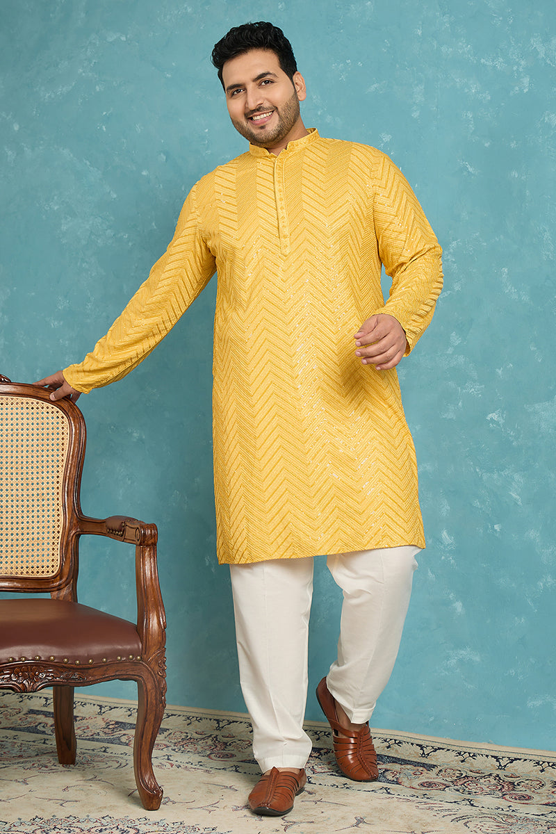 Mens Yellow Viscose Rayon Solid Thread Work Embroidered Kurta