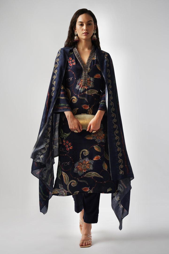 Midnight Blue Pure Pashmina Wool Designer Suit Set