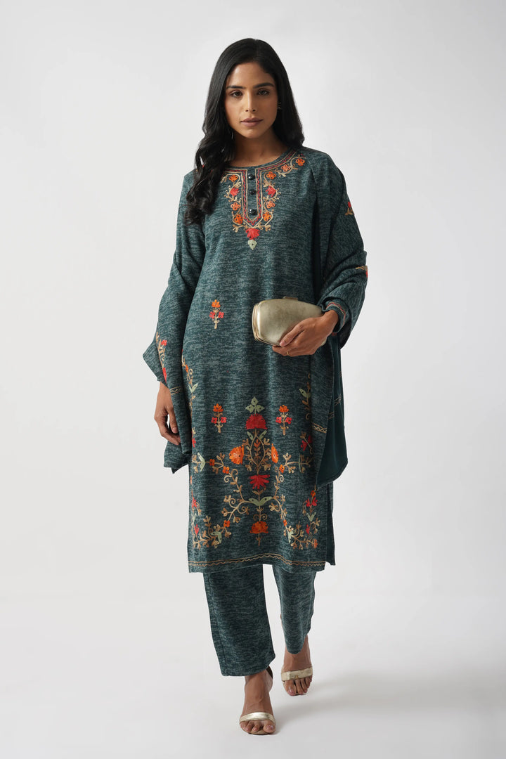 Azure Blue Karachi Wool Hand Embroidery Suit Set