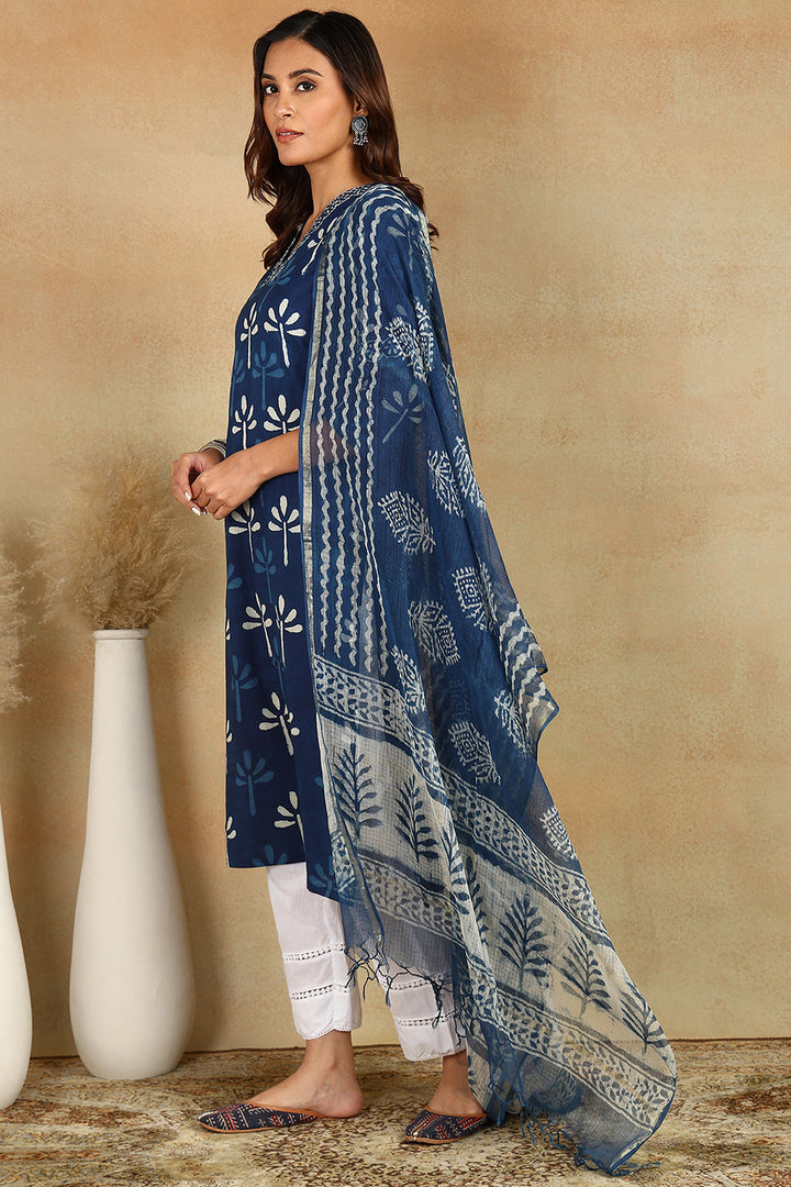 Indigo-Blue-Kota-Doria-Printed-Dupatta