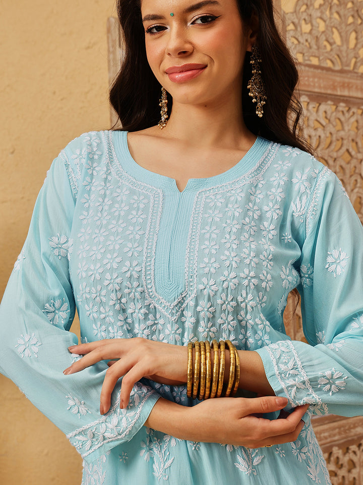 Hand Embroidered Lucknowi Chikankari Blue & White Modal Kurta