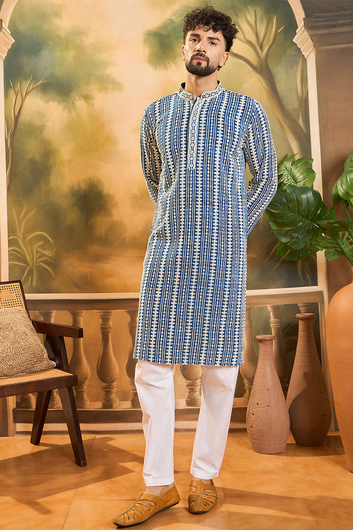 Mens Blue Viscose Rayon Embroidered Straight Kurta