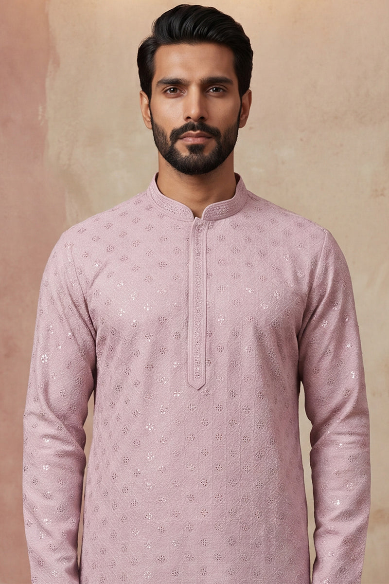 Mens Purple Viscose Rayon Solid Embroidered Straight Kurta with Trouser