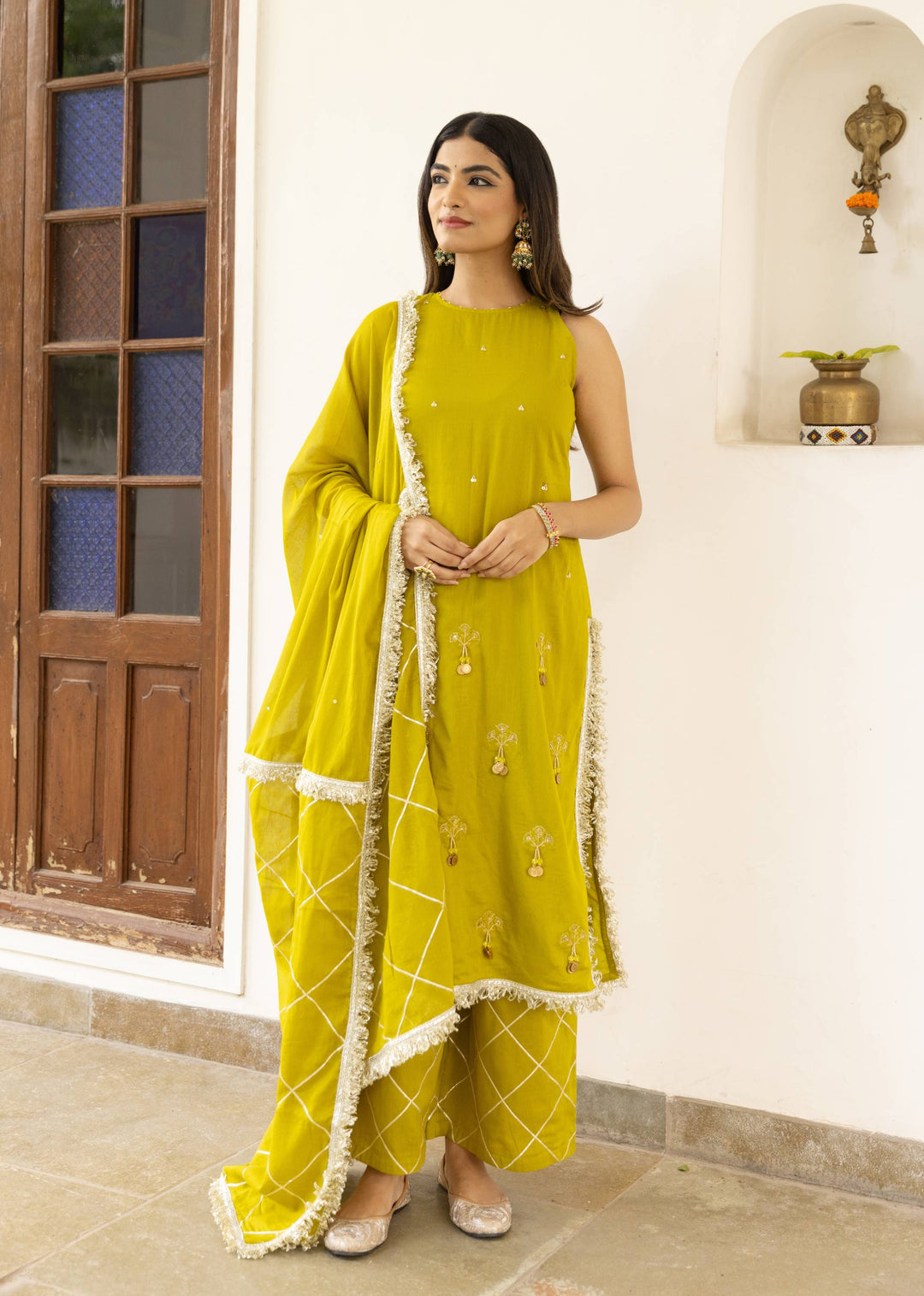 Olive-Green-Mulmul-Halter-Key-Hole-Straight-Kurta-Set