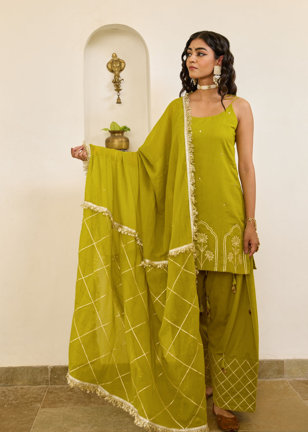 Mehndi-Green-Mulmul-Strappy-Kurta-With-Farshi-Shalwar-Set