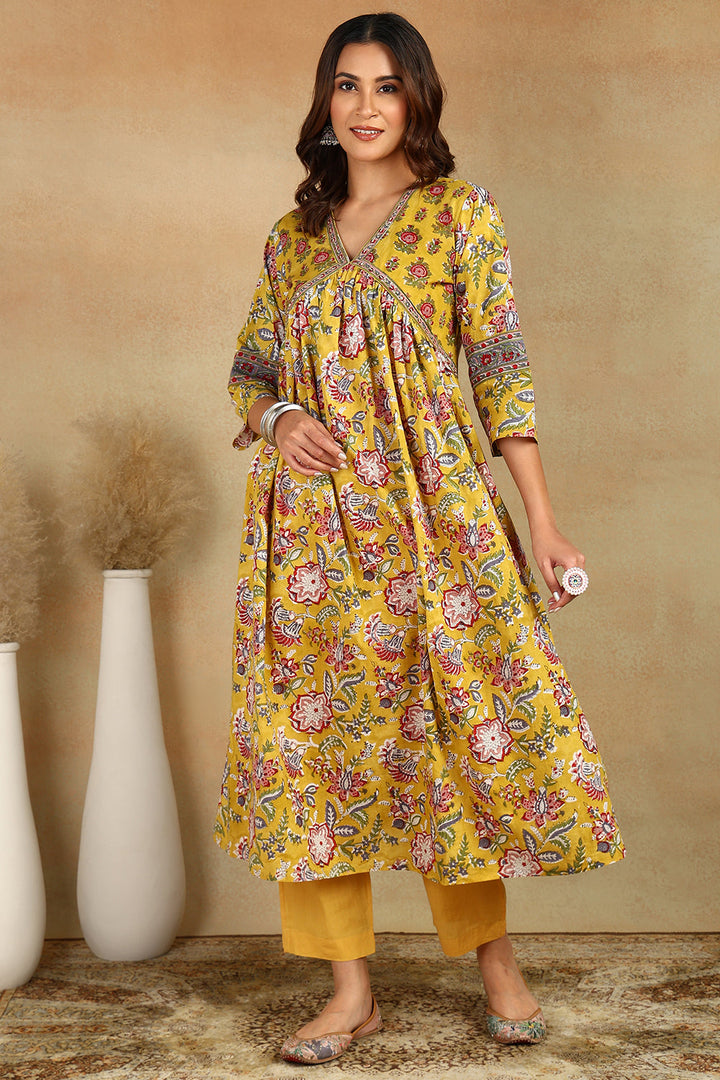 Mustard-&-Maroon-Cotton-Printed-'A'-Line-Kurta