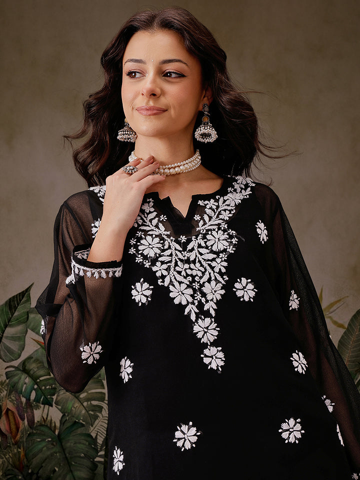 Black Georgette Ghaspatti Chikan Tunic Kurti & Slip