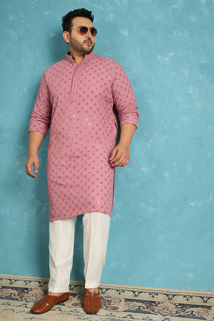 Mens Mauve Viscose Rayon Solid Chikankari Embroidered Kurta