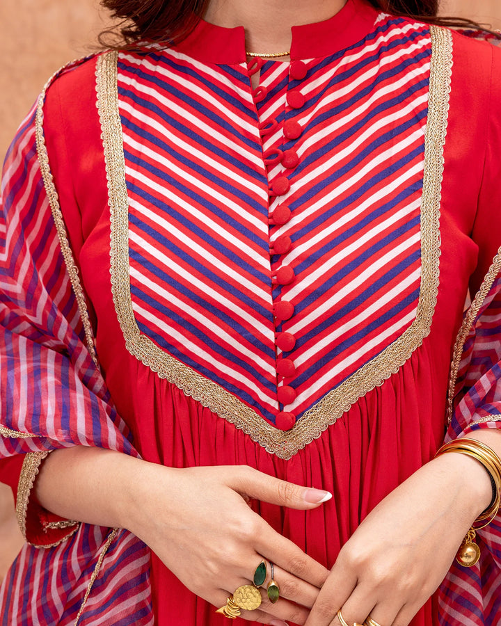 Red-Rayon-Stripe-Print-&-Gota-Gathered-3-Piece-Kurta-Set