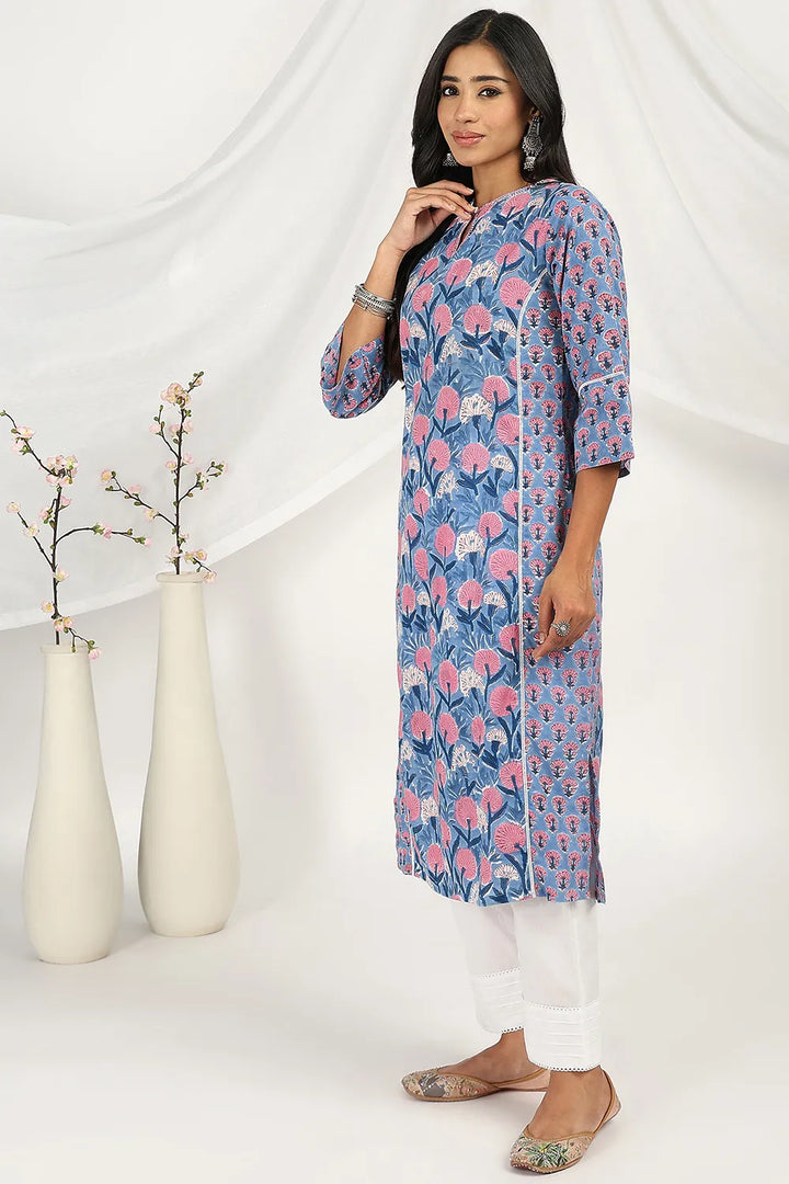 Blue-Cotton-Straight-Sanganeri-Kurta-Only