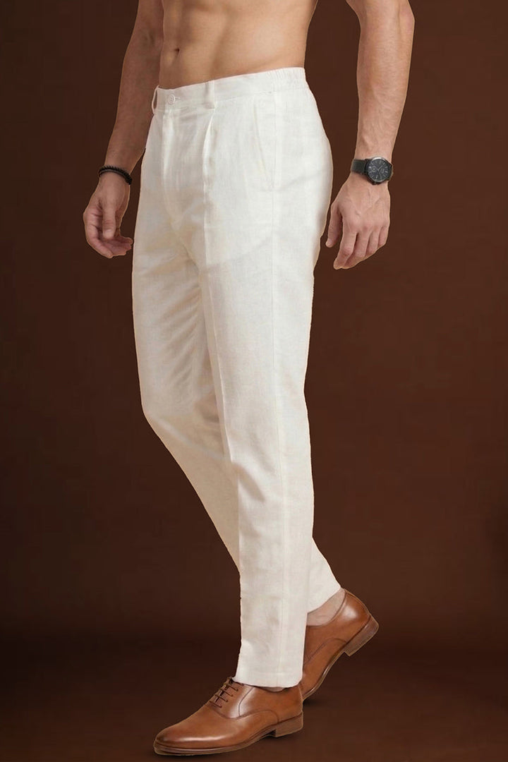 Mens Off White Poly Silk Solid Ethnic Trouser