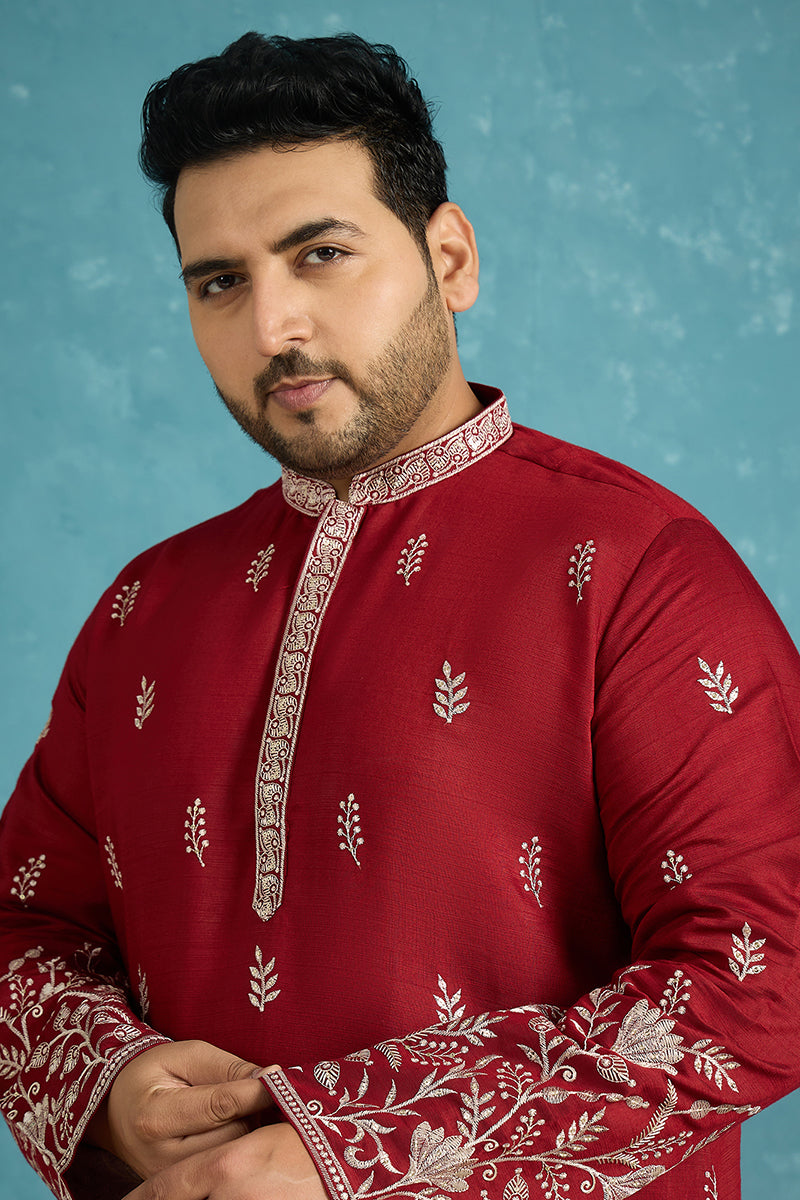 Mens Maroon Silk Blend Solid Thread Work Embroidered Kurta