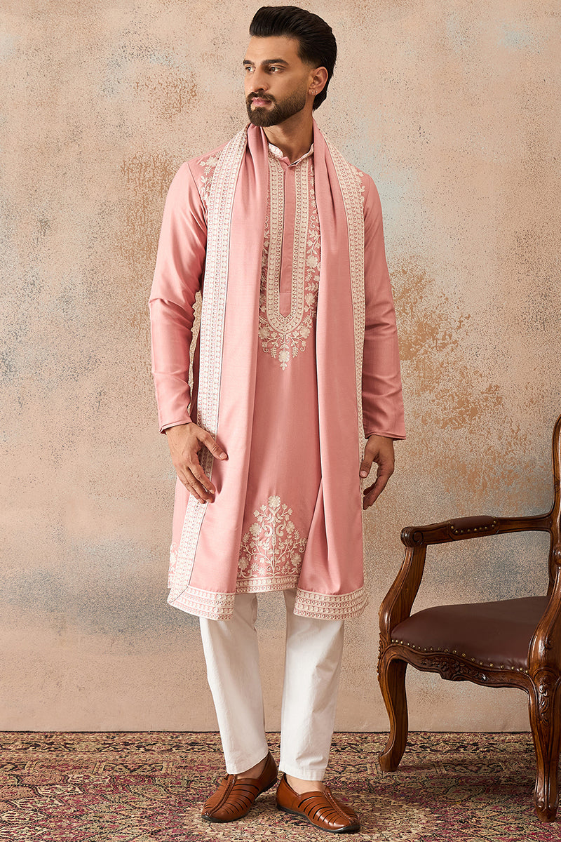 Mens Peach Silk Blend Solid Embroidered Kurta With Dupatta