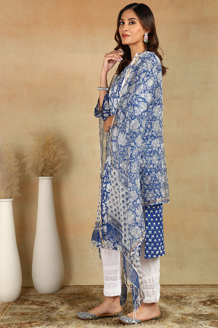 Blue-&-White-Kota-Doria-Hand-Block-Print-Dupatta