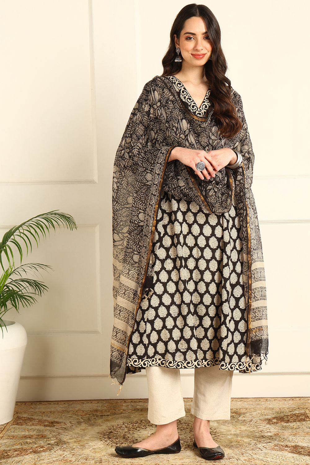 Black-Cotton-Bagru-Hand-Block-Printed-A-Line-Kurta