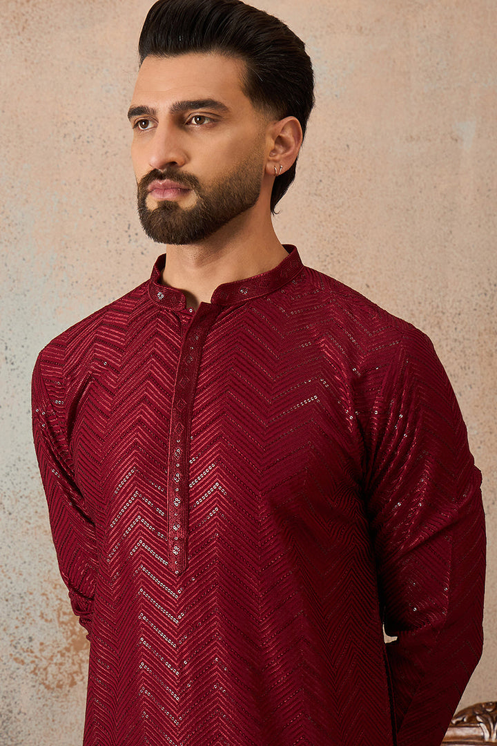 Mens Maroon Rayon Embroidered Straight Kurta