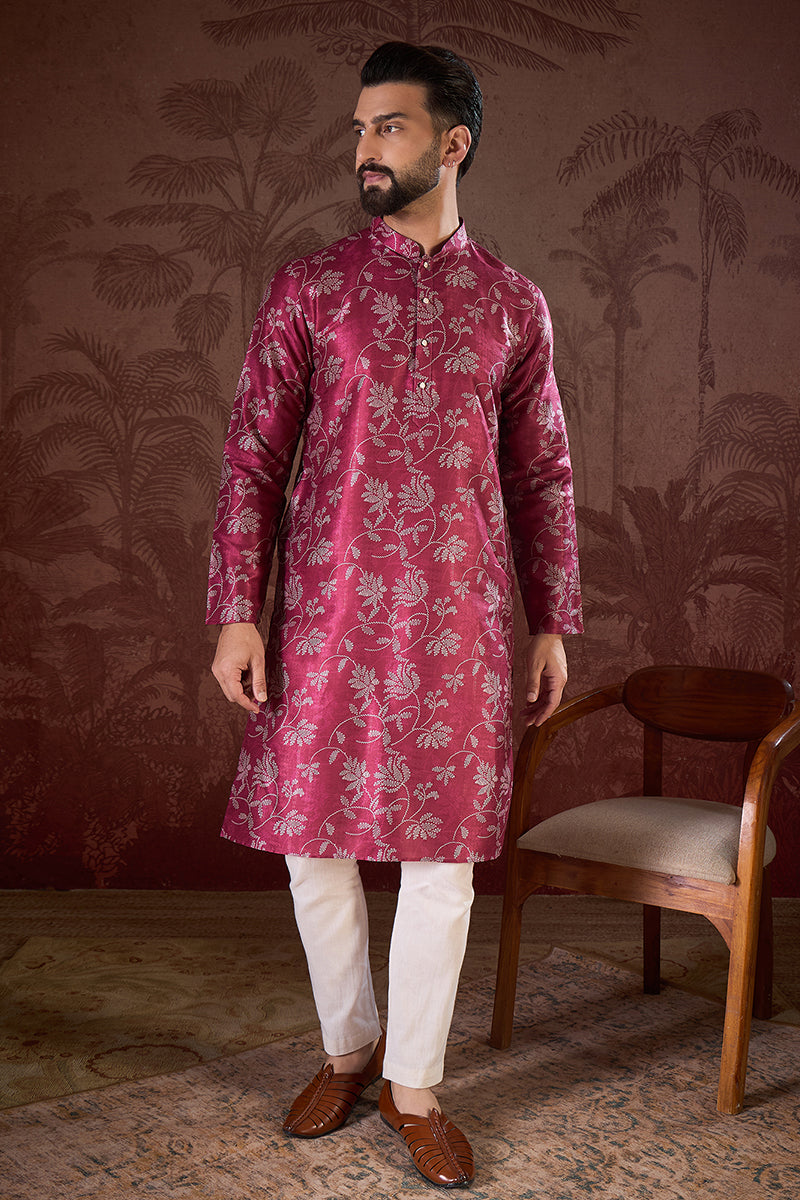 Mens Red Silk Blend Floral Printed Straight Kurta
