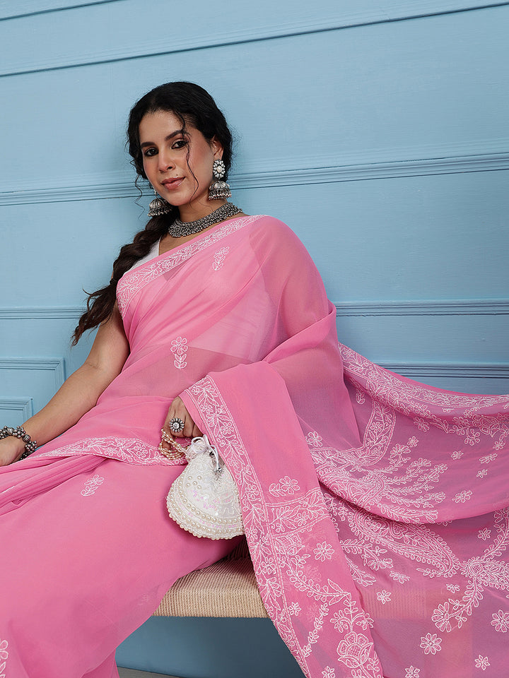 PInk & White Georgette Hand Embroidered Chikankari Saree
