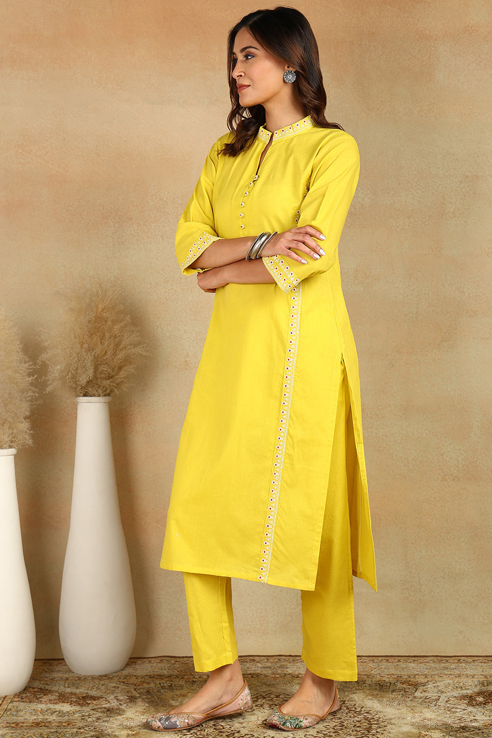 Yellow-Cotton-Embroidered-Short-Kurta