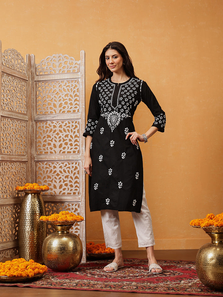 Hand Embroidered Lucknowi Chikankari Black Cotton Kurta