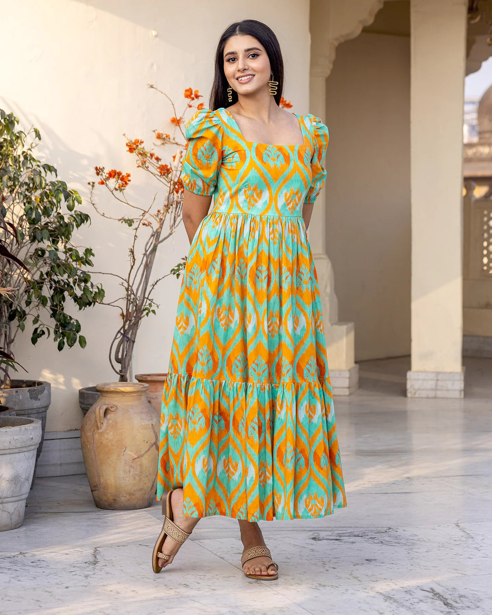 Teal-Green-Cotton-Ikat-Maxi-Dress